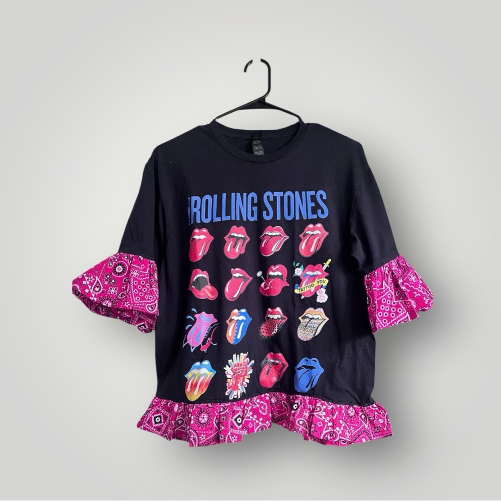 Refashioned Rolling Stones Graphic Tee with Pink Bandana Ruffle